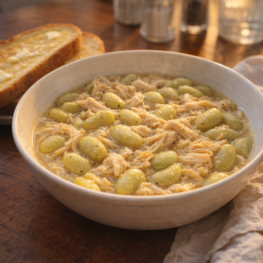 Bowl of chicken and lima beans with bread on the side