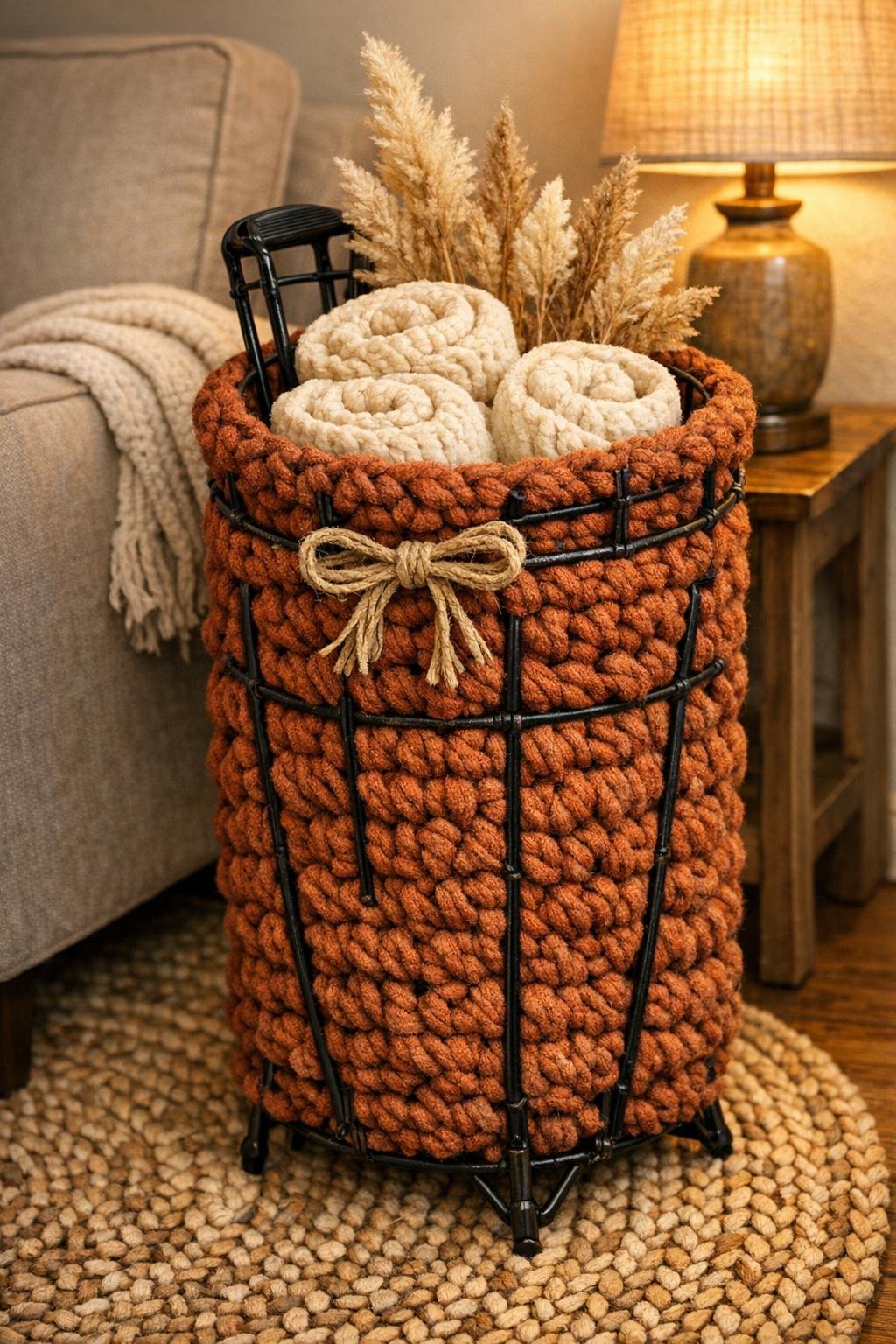 Finished crocheted decorative basket made from a vintage golf club bag stand