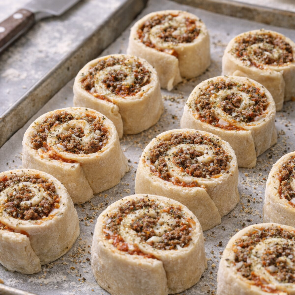 Sliced pizza roll ups arranged on a baking sheet before baking