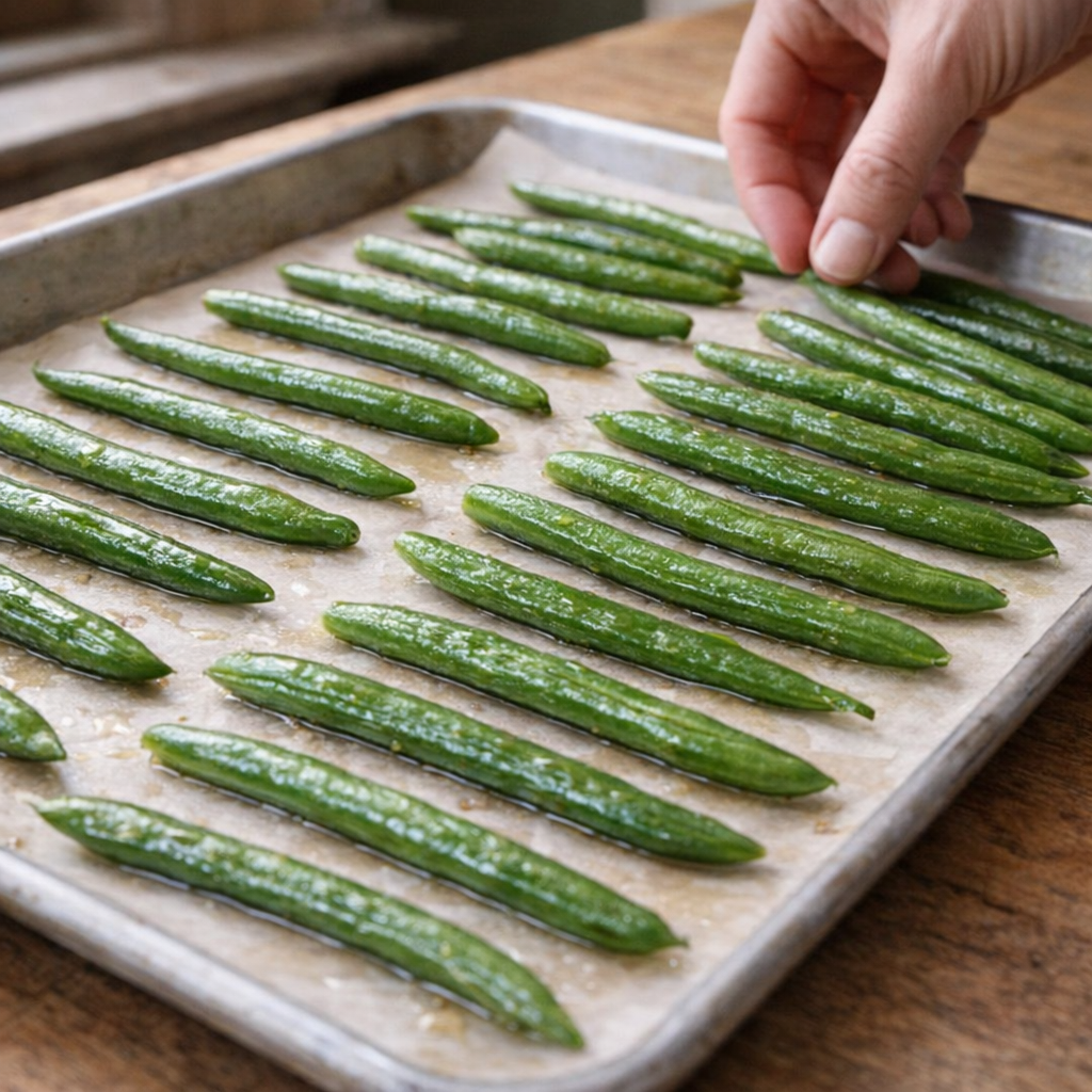 Green beans spread across a parchment-lined baking sheet