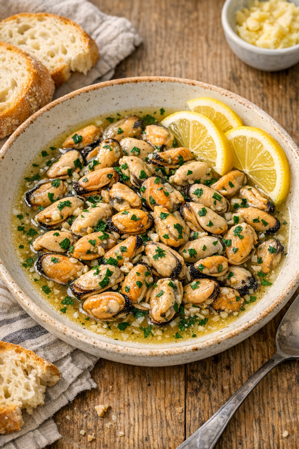 Finished slow cooker mussels in garlic butter broth