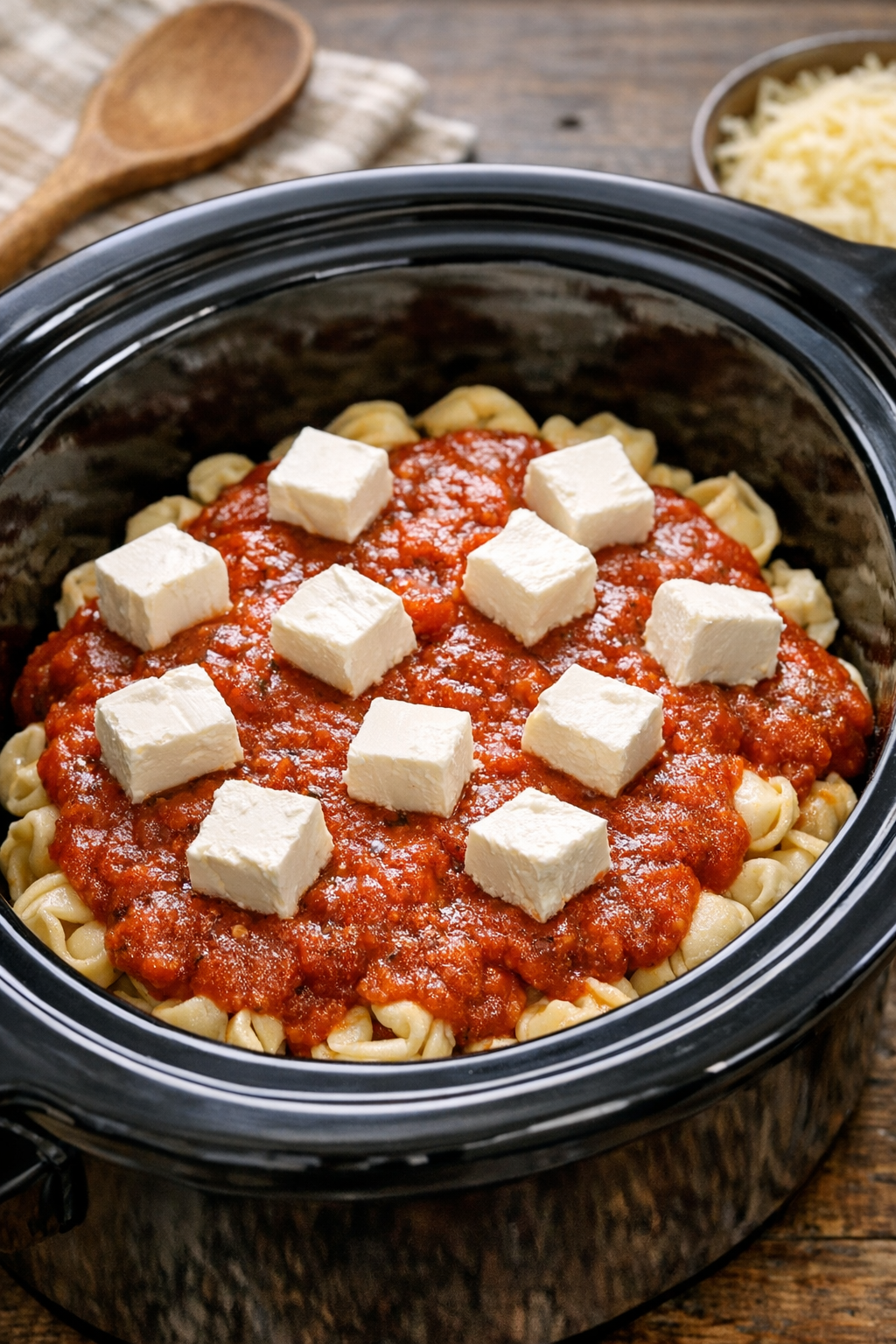 Marinara and cream cheese added over tortellini