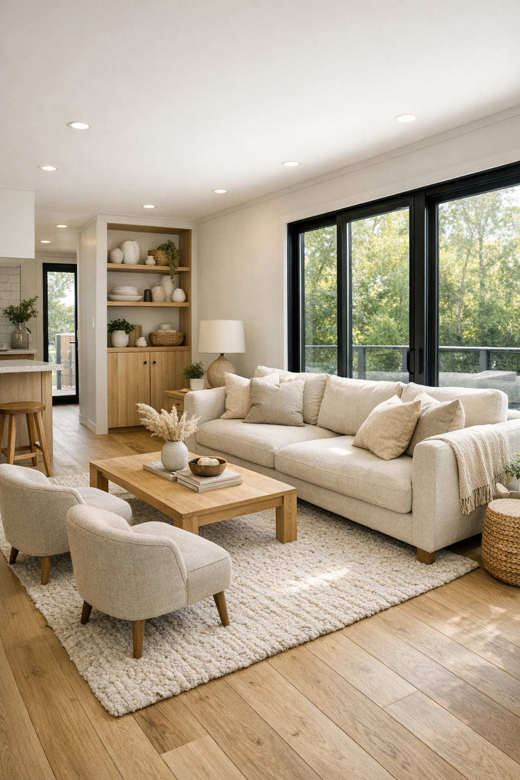 Creamy neutral living room with pale oak floors, linen seating, and black-framed windows