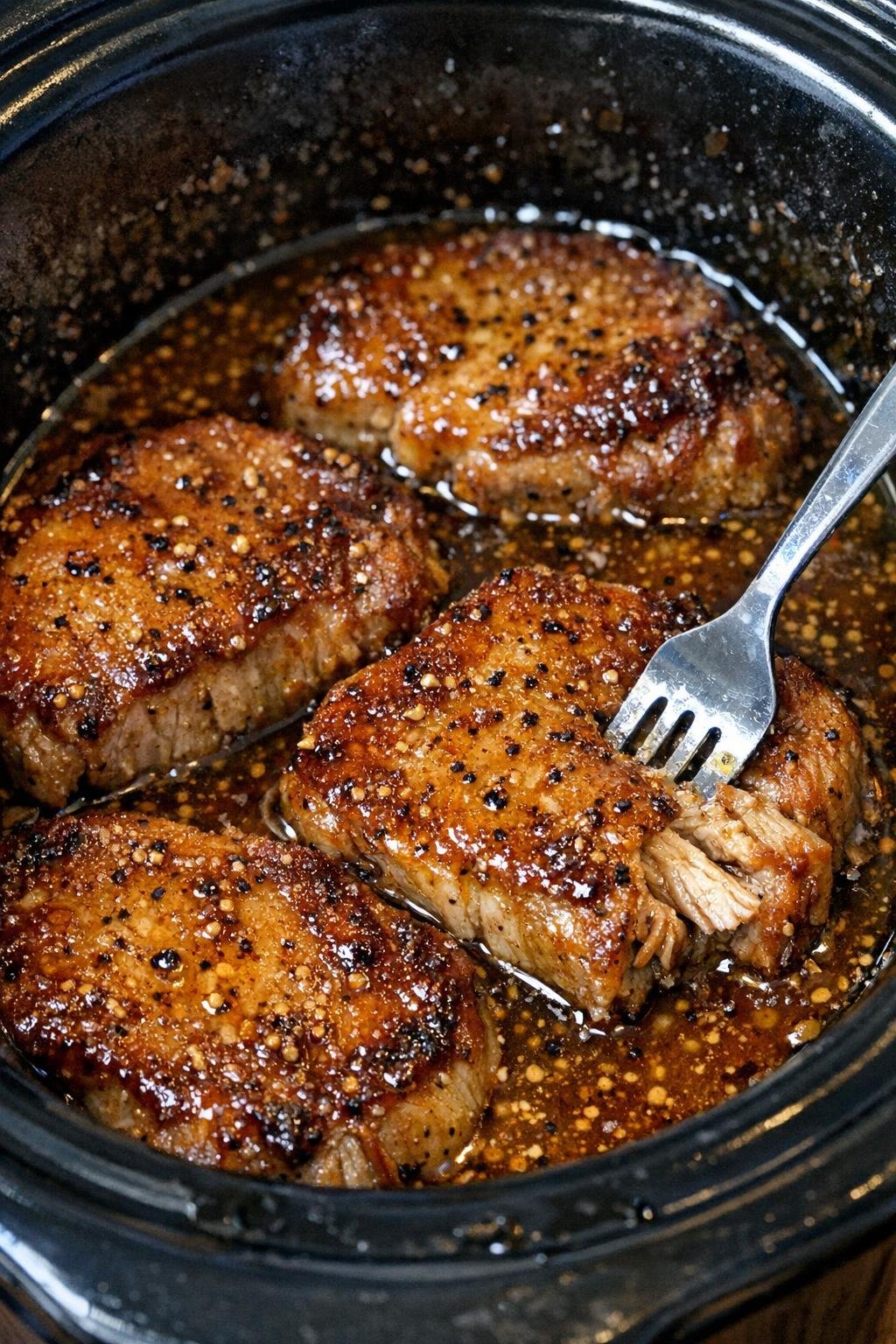 Slow cooker maple Dijon pork chops in a black slow cooker