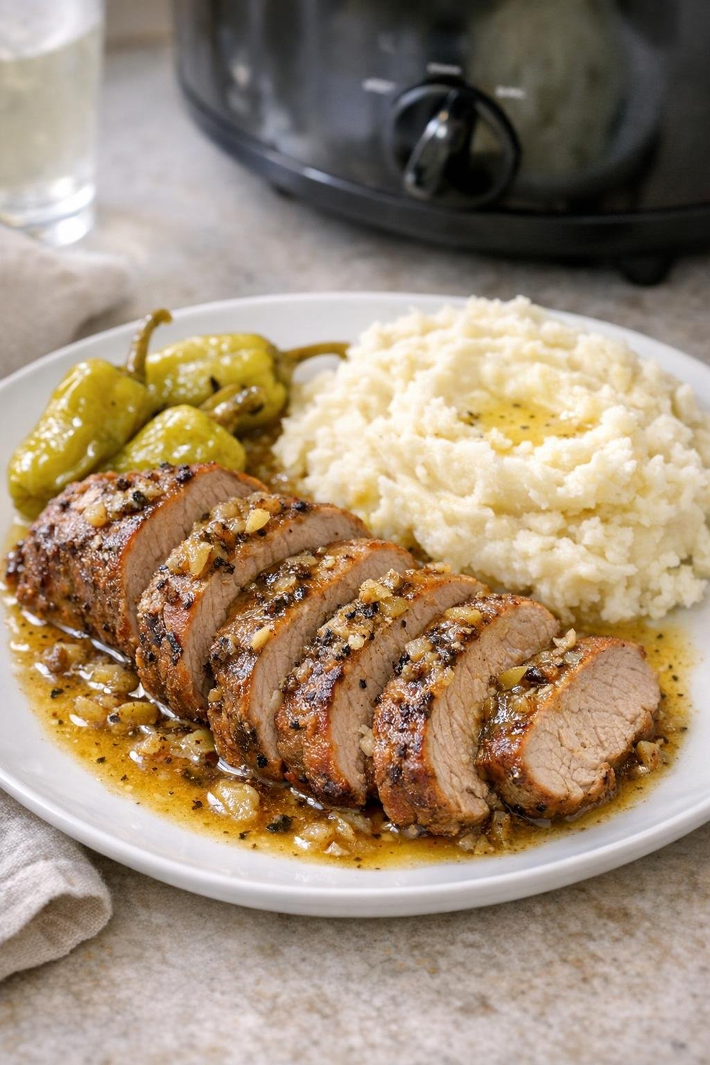 Finished Mississippi pork tenderloin plated with juices