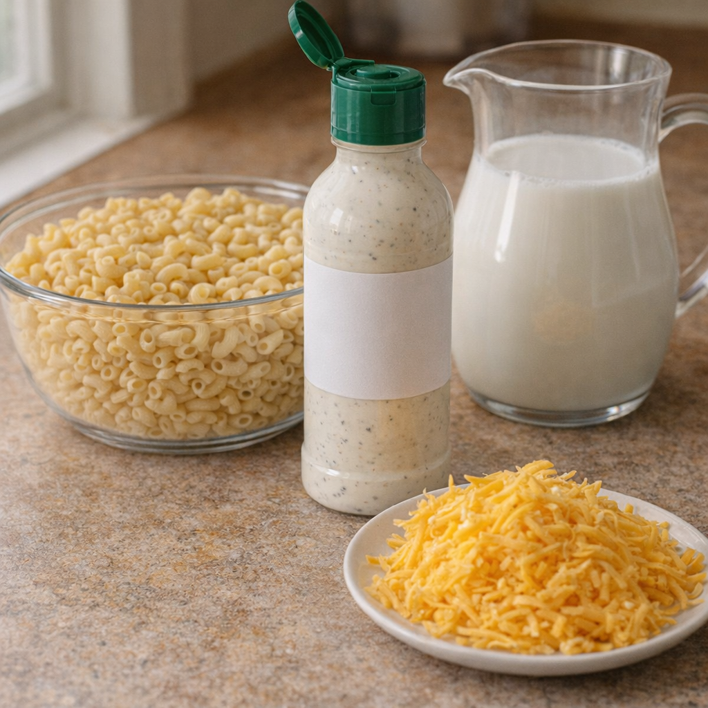 Simple ingredients for ranch macaroni arranged on a kitchen counter