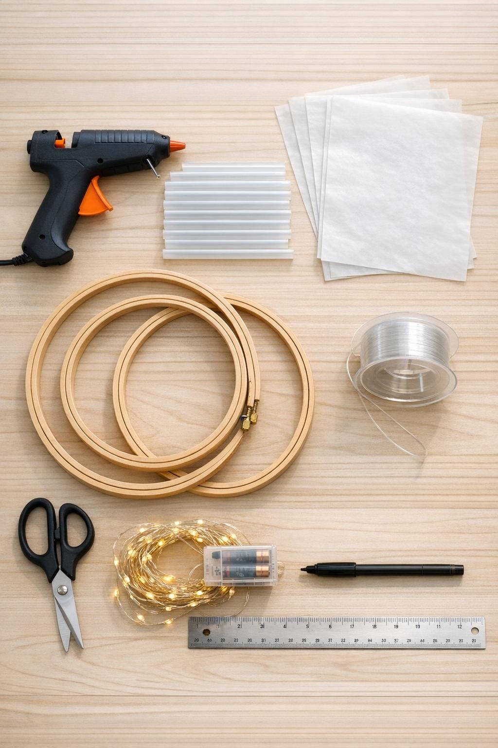 Materials for the hot glue icicle chandelier project laid out on a table