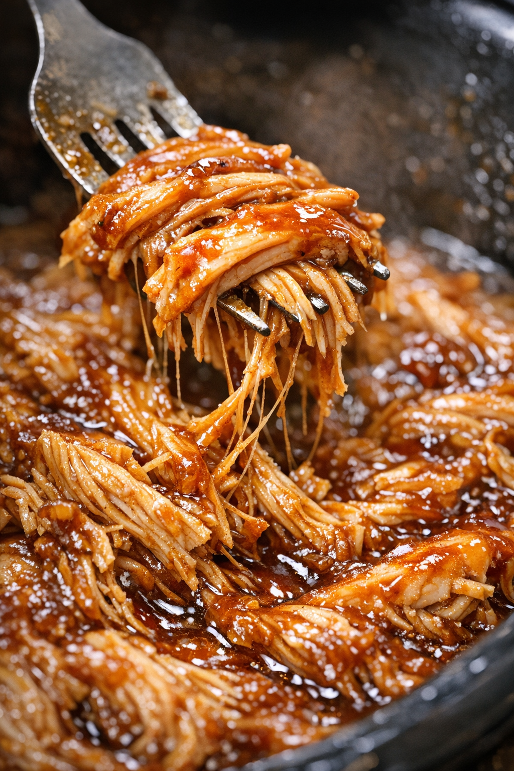 Slow cooker shredded chicken with glossy sauce