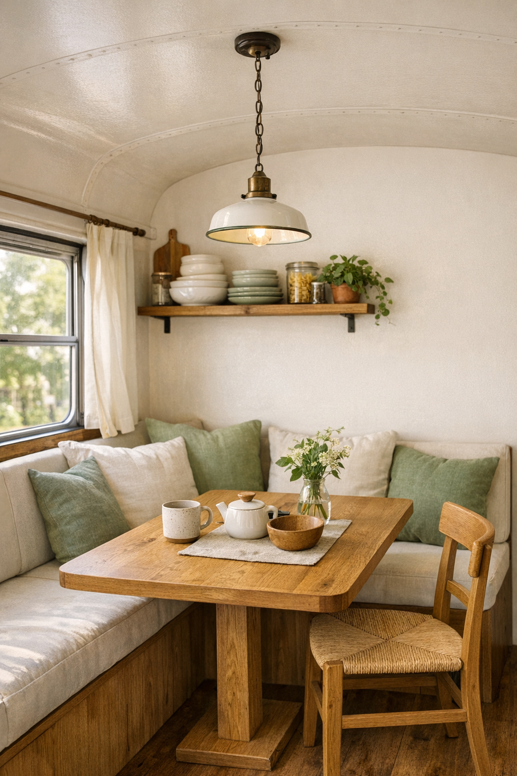 Charming bus dining nook with oak table, banquette seating, and soft farmhouse details