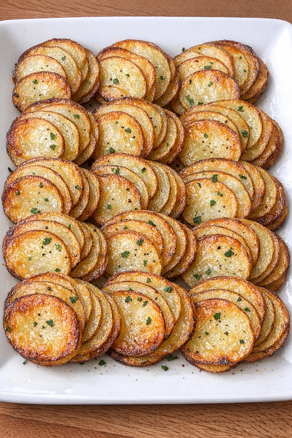Buttery potato scale bites on a white platter