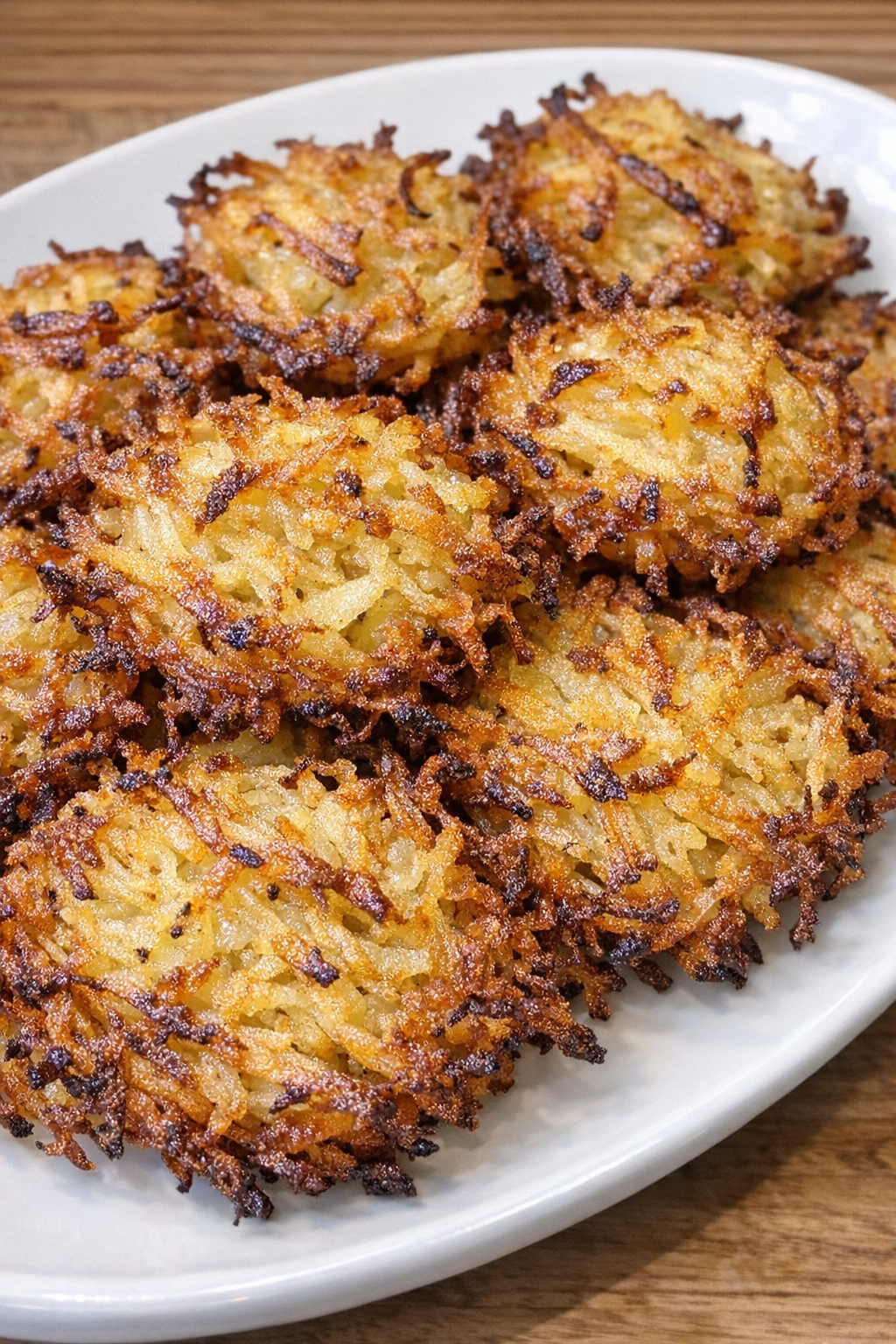 Golden crispy shredded potato haystacks on a white oval platter