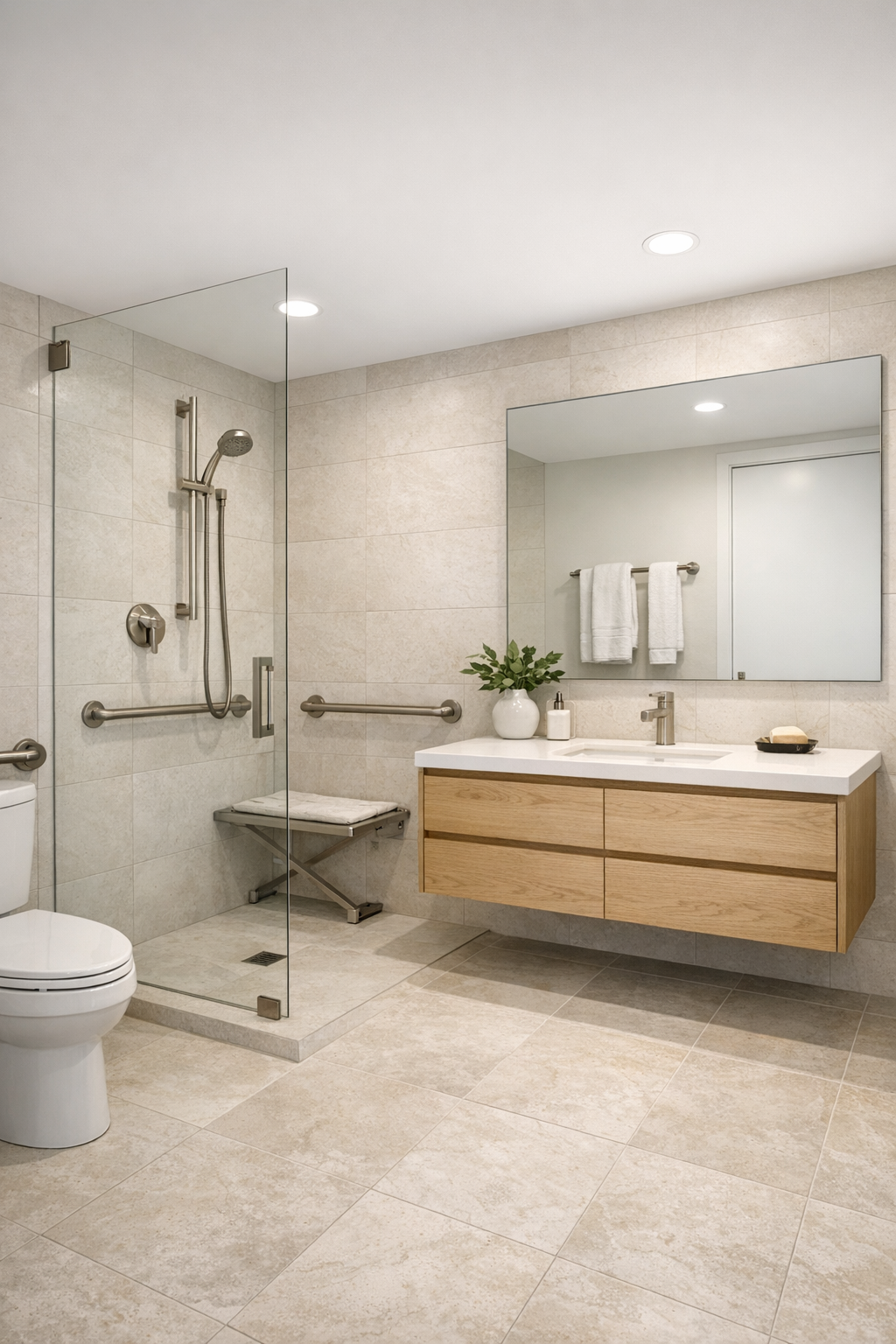 Accessible bathroom with curbless shower and pale limestone tile