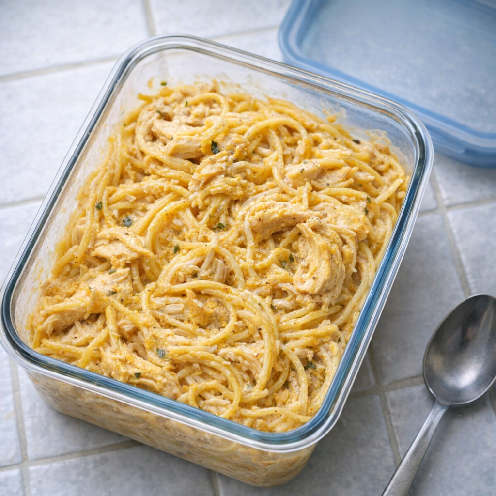 Leftover honey butter chicken pasta in a storage dish