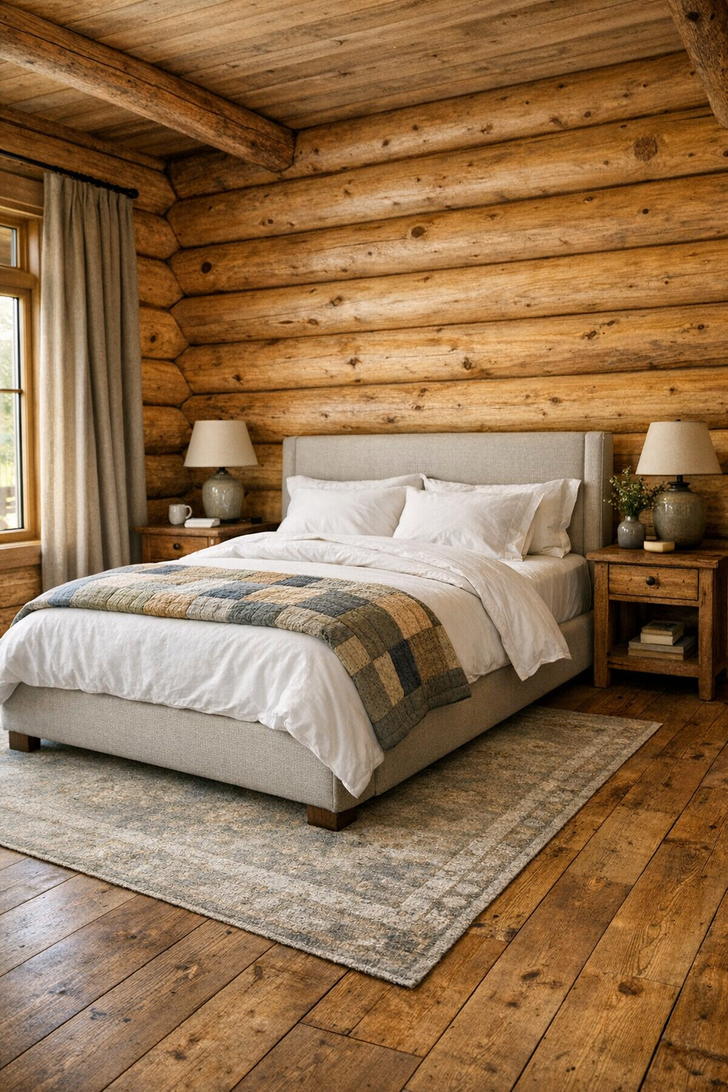 Serene rustic bedroom with log walls, upholstered bed, white bedding, and soft earth-toned textiles