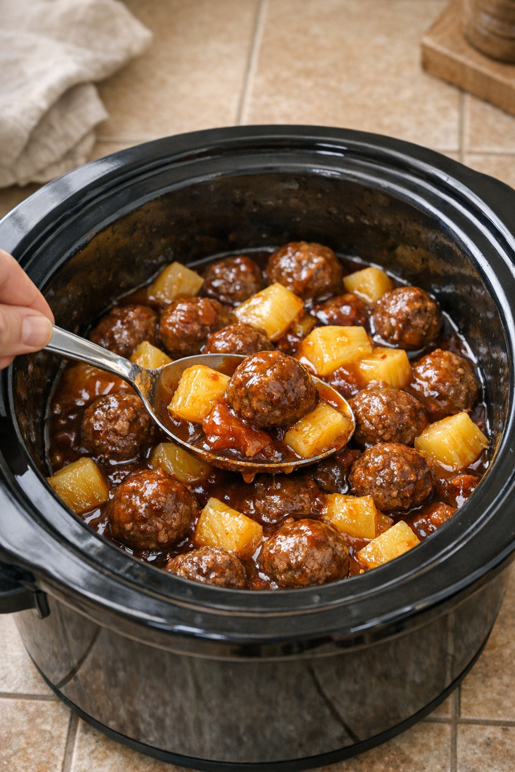 Sauce stirred into the meatballs and pineapple