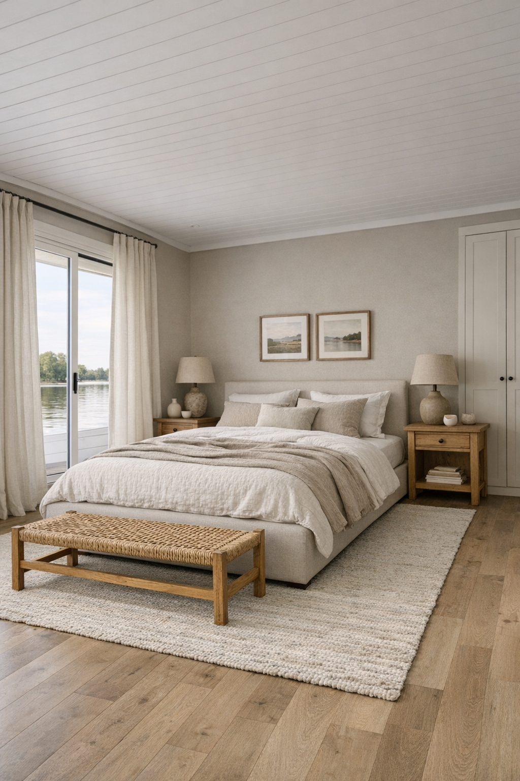Serene farmhouse bedroom with a low upholstered bed, linen drapes, built-in wardrobes, and soft neutral textures