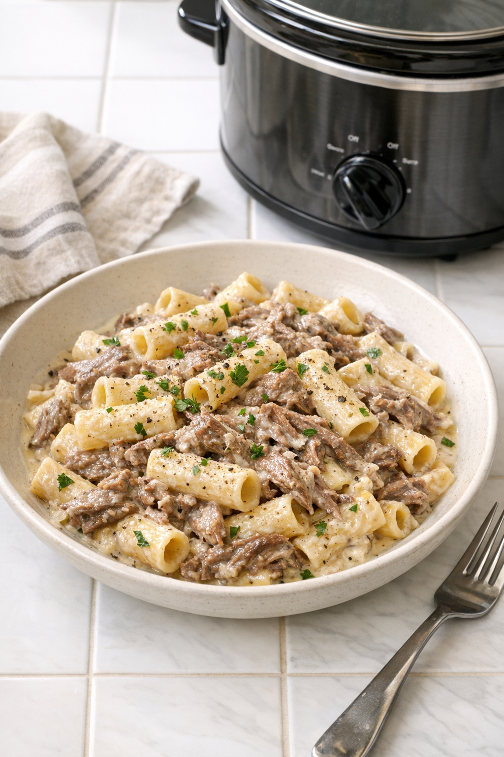 Finished Amish milk beef pasta plated in a bowl