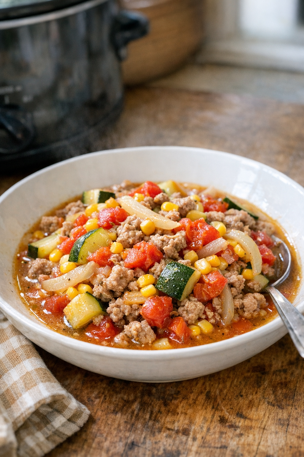 Finished slow cooker ground pork and summer vegetables