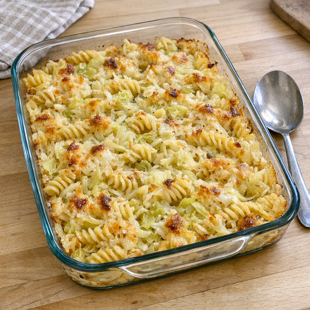 Finished Amish cabbage noodle bake in a glass baking dish