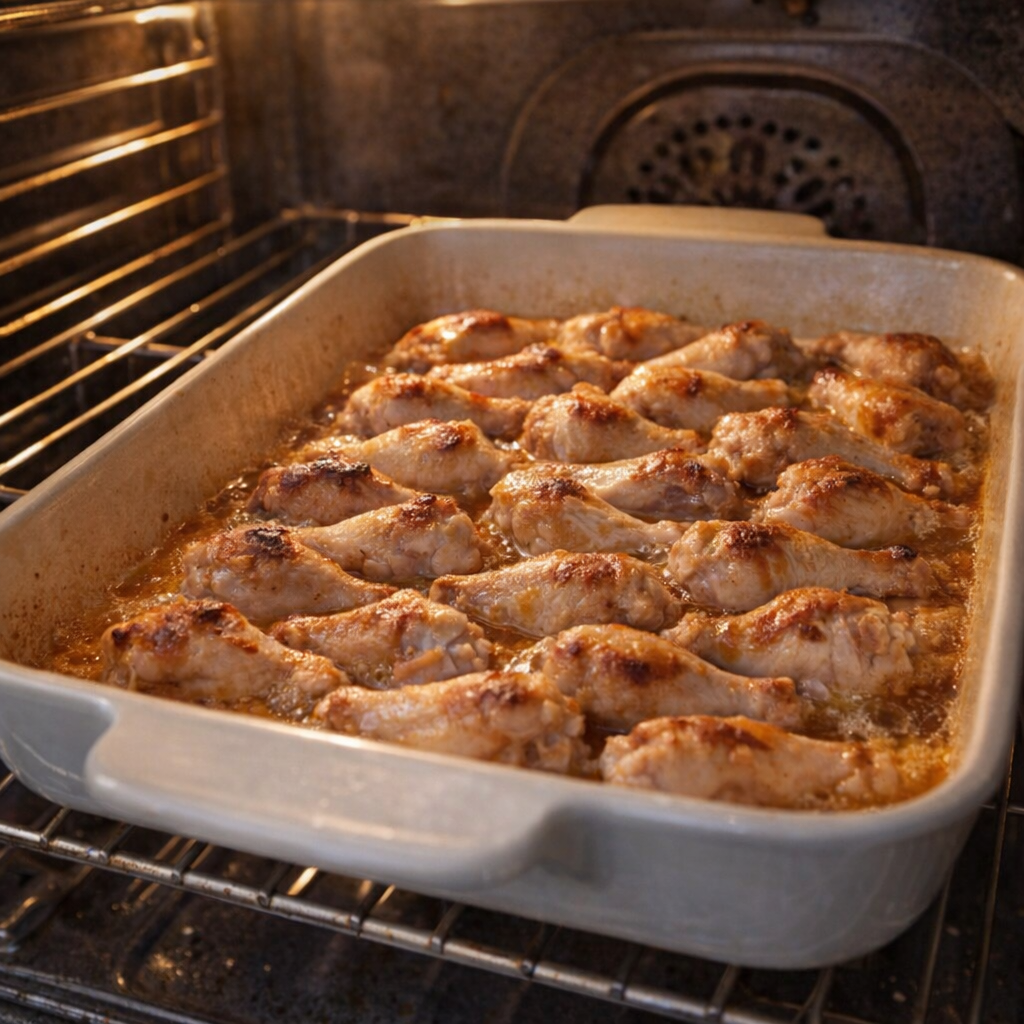 Chicken drumettes halfway through baking in the oven