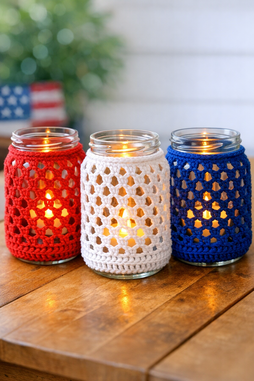 Finished patriotic crochet candle holder trio made from glass pasta jars