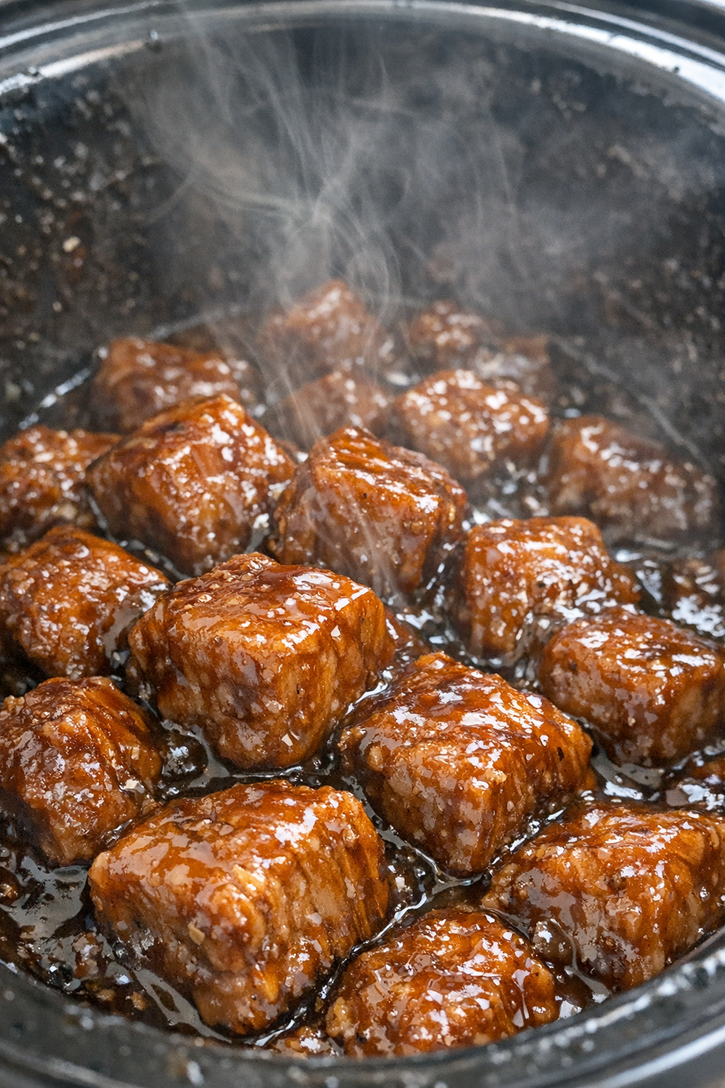 Slow cooker protein cubes in brown sauce
