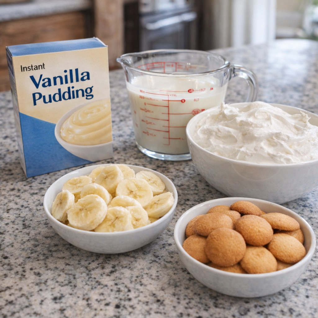 Measured banana pudding dip ingredients arranged on a countertop