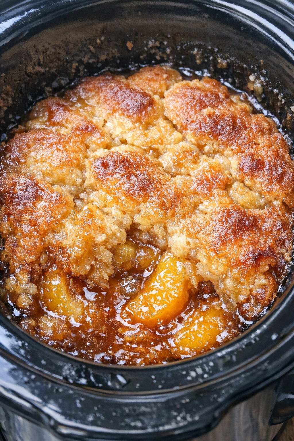 Slow cooker sweet tea cobbler in a black slow cooker