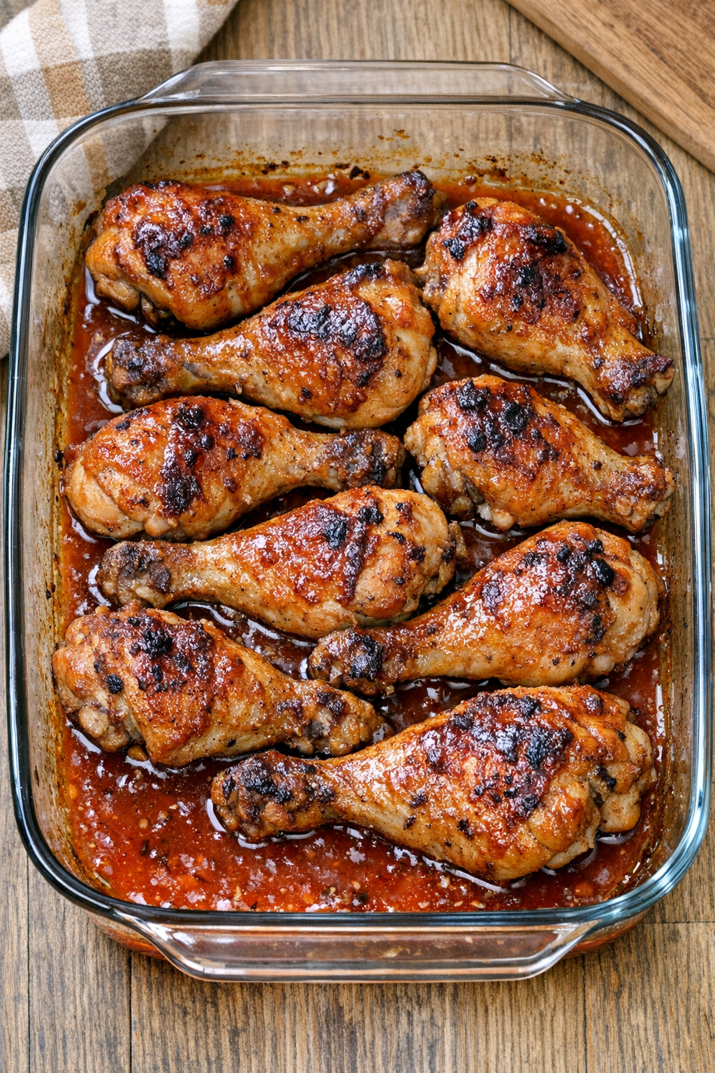 Finished baked chicken drumsticks in a glass casserole dish