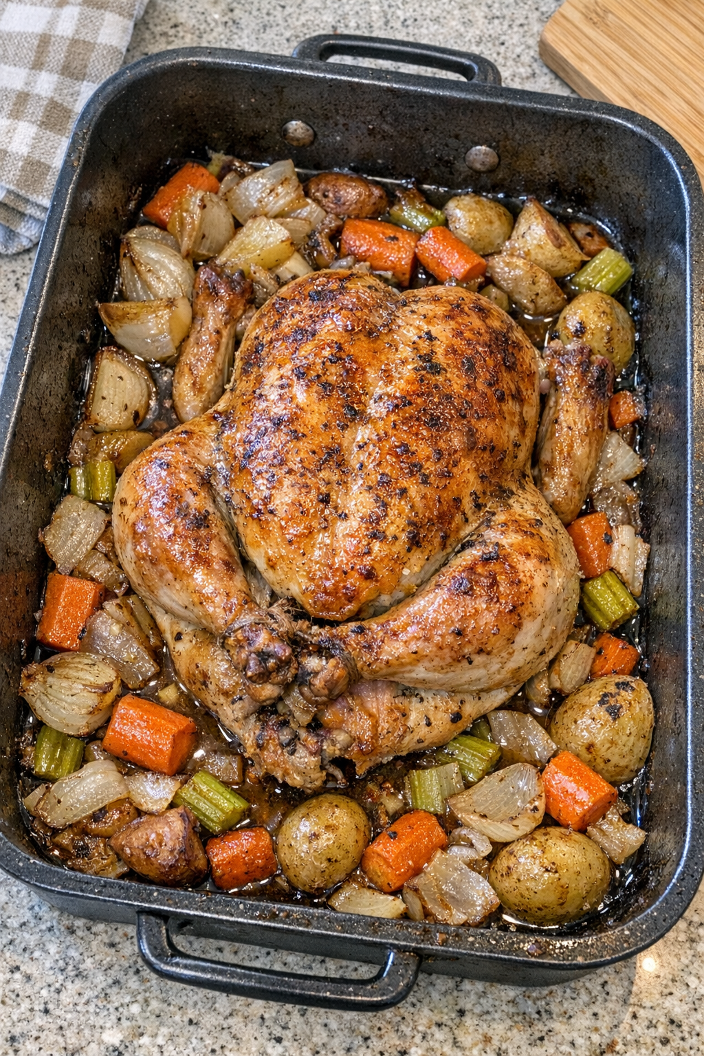 Finished roasted whole chicken in roasting pan
