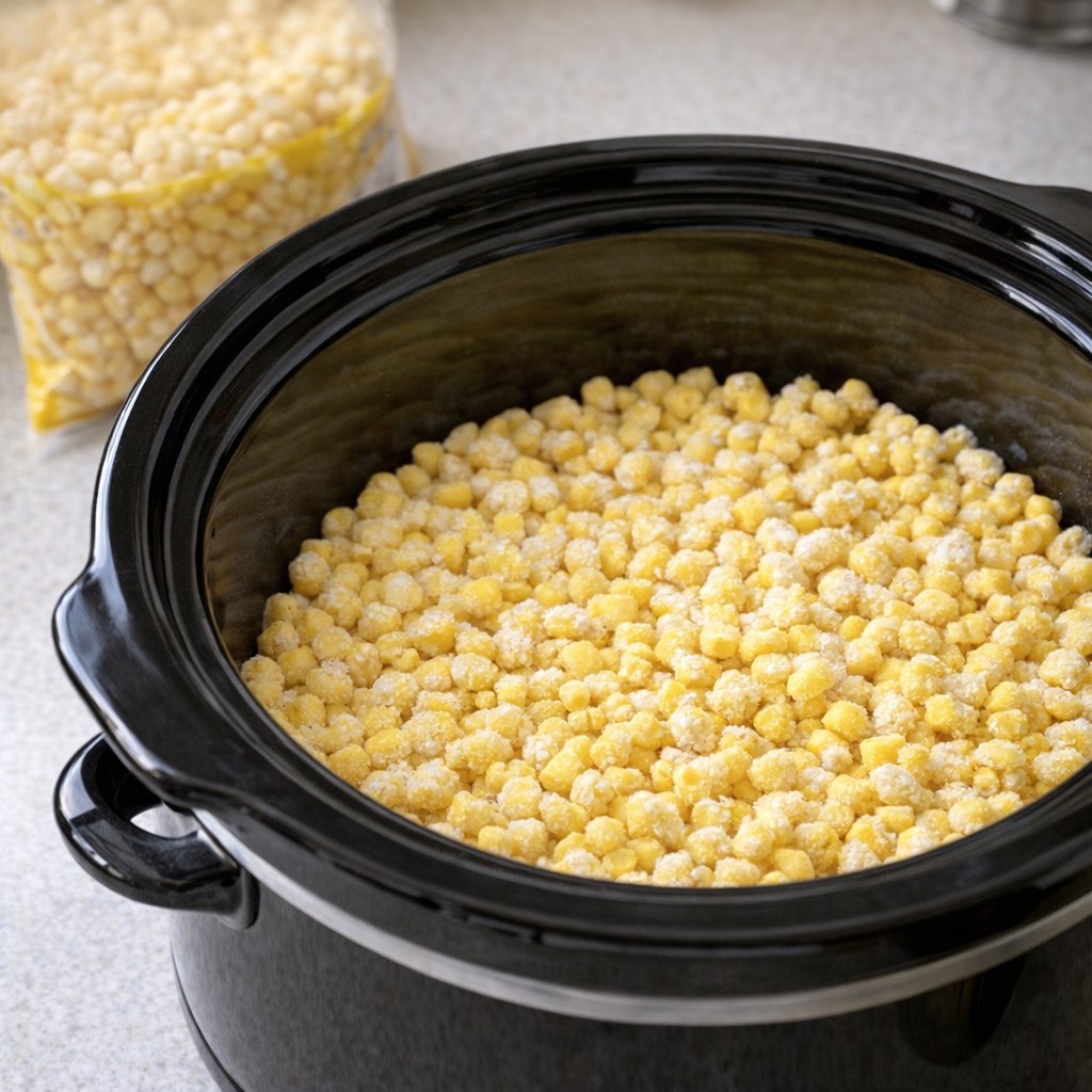 Frozen corn spread in a slow cooker insert