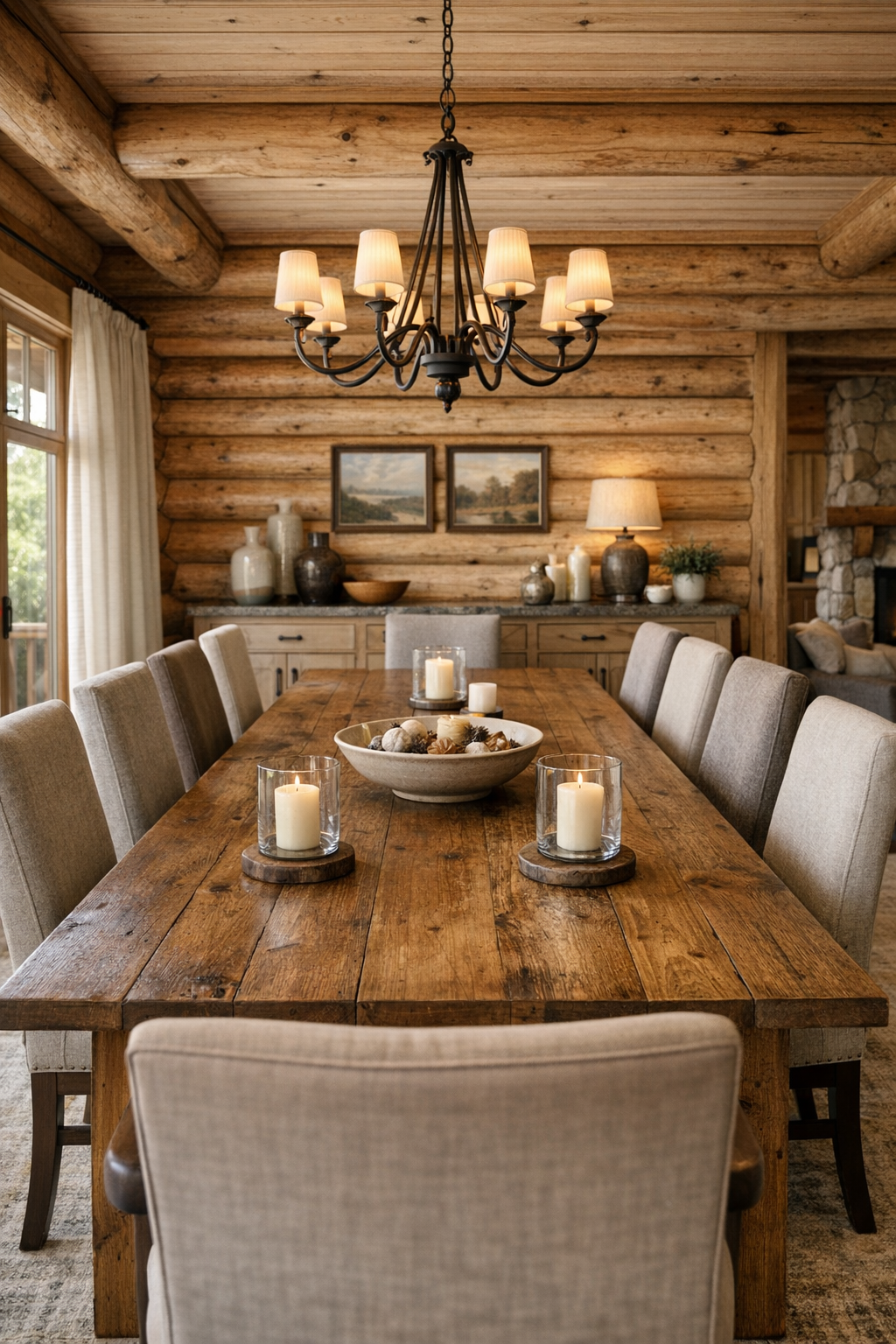 Refined dining room with wood table, upholstered chairs, and cedar log walls