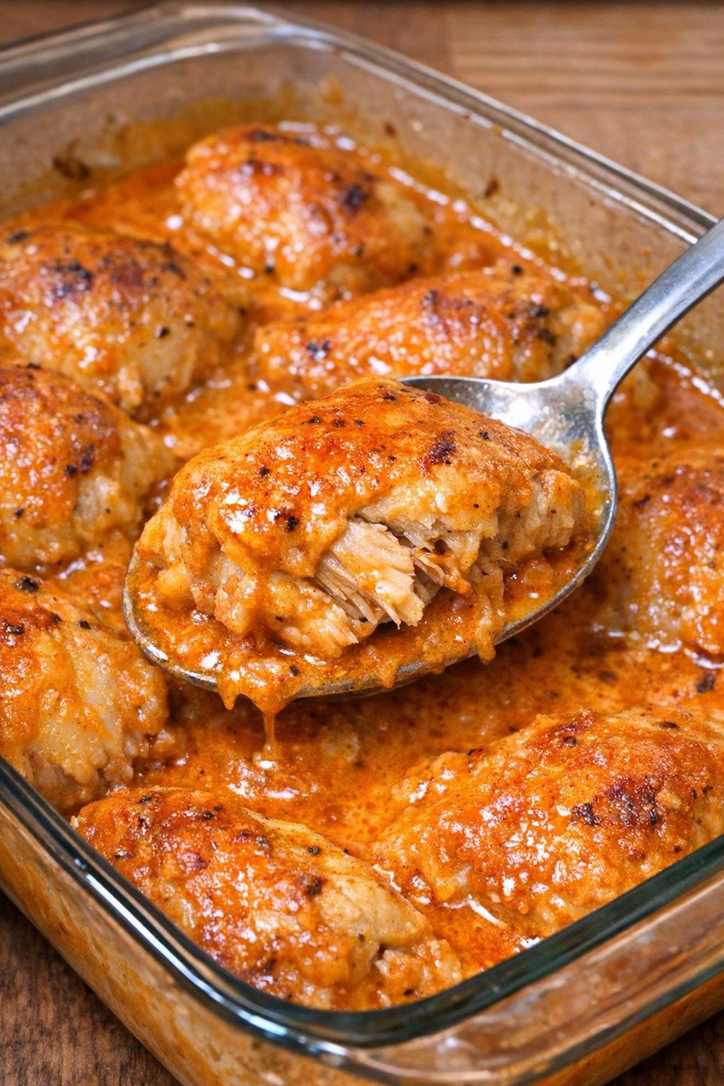 Chicken paprikash bake in a glass baking dish