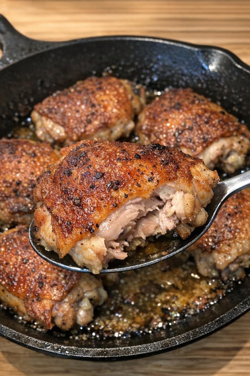 Golden brown crispy-skinned chicken thighs in a cast iron skillet