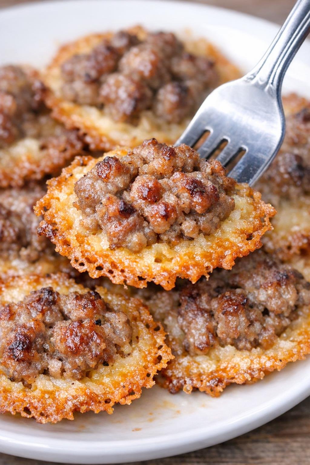 Low carb 3-ingredient sausage preston crisps on a white plate