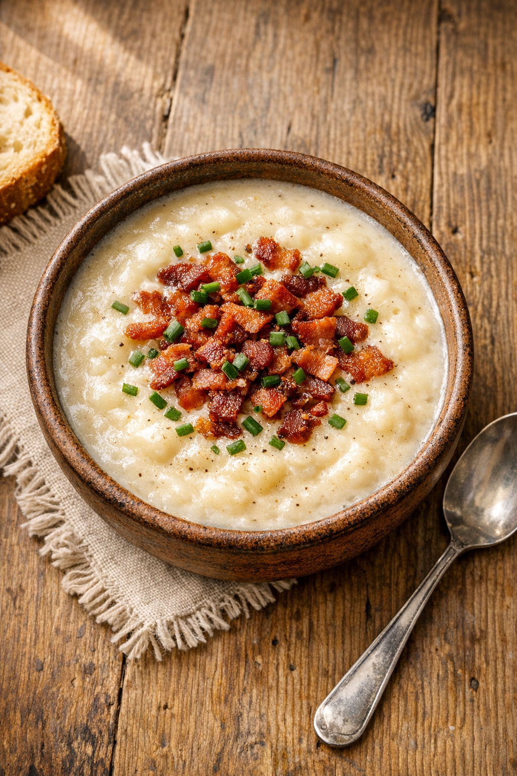 Finished creamy potato soup plated in a rustic bowl