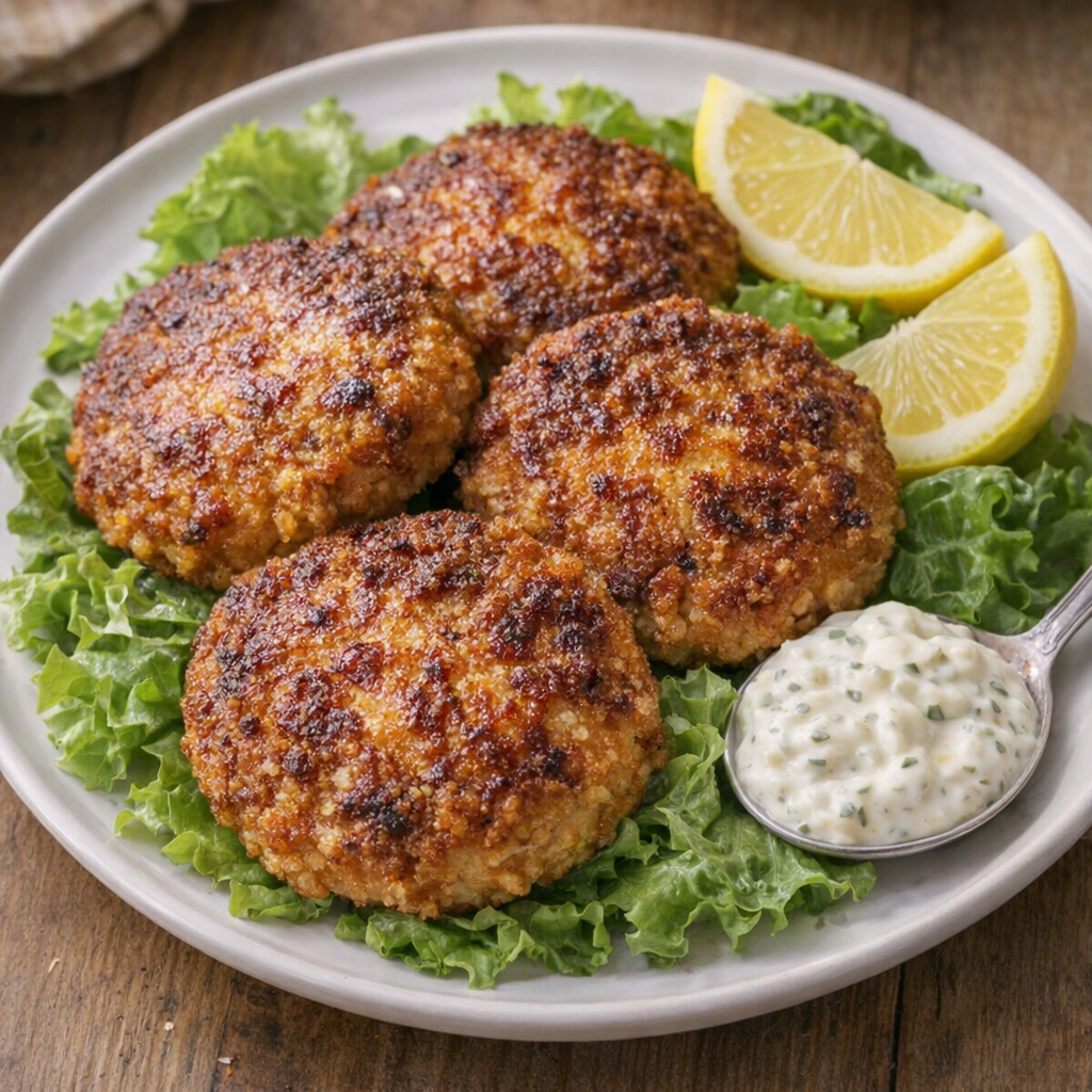 Plated salmon patties with lettuce and lemon