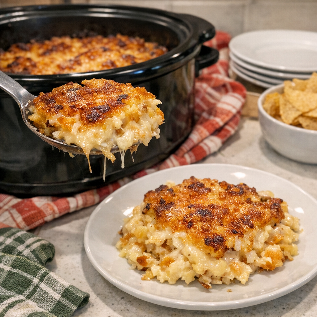 Finished hash brown casserole plated from the slow cooker with crispy golden top and creamy cheesy center