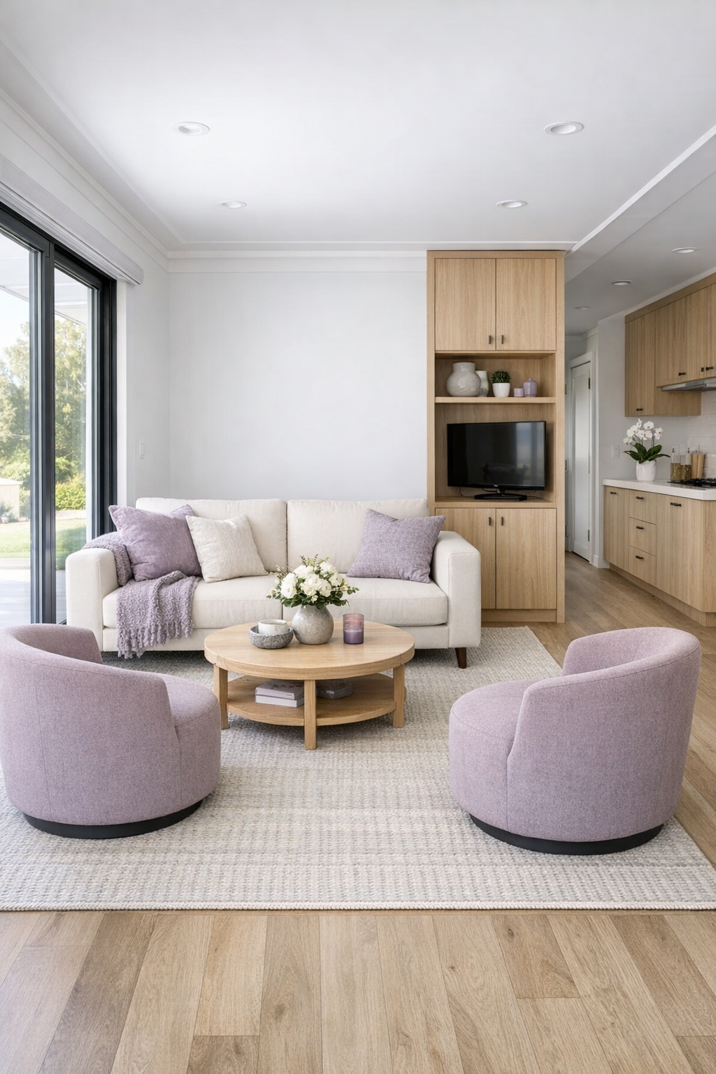 Soft lavender container home living room with ivory seating and pale oak finishes