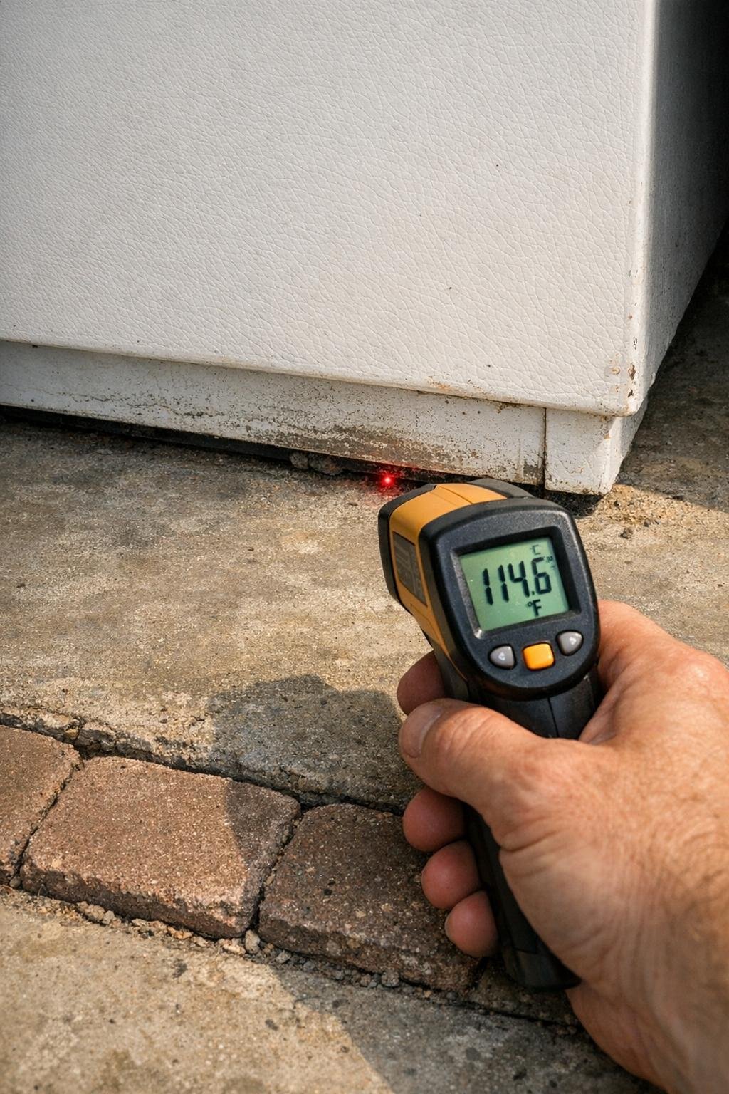 Infrared thermometer aimed at freezer base and warm floor
