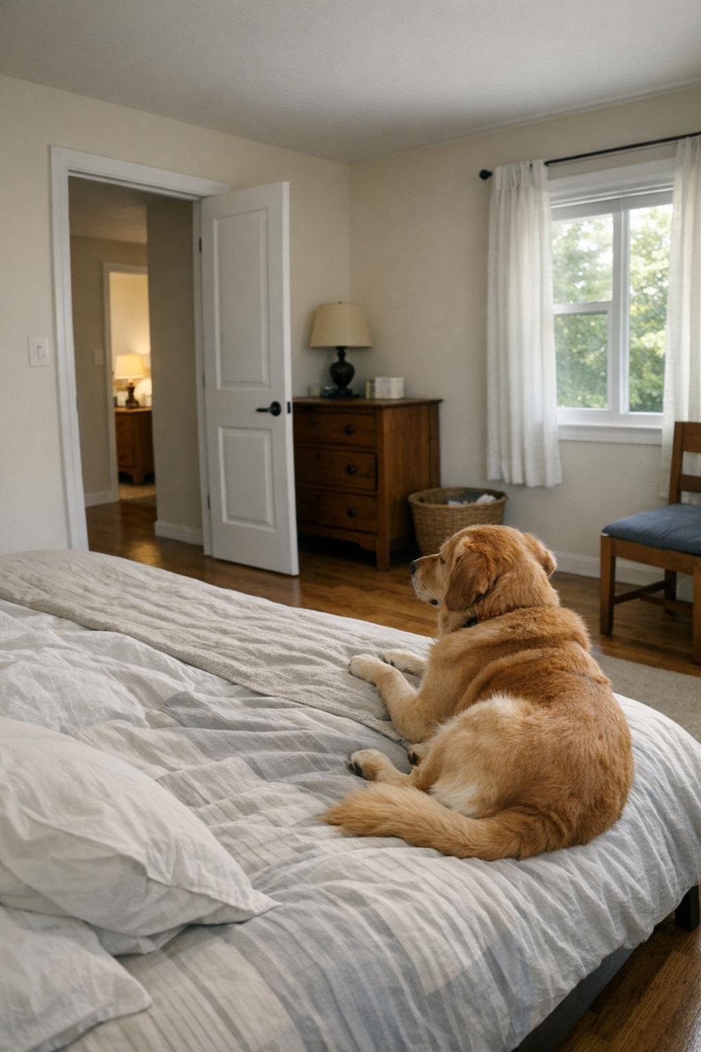Dog perched on one side of a bed with a clear view of the room