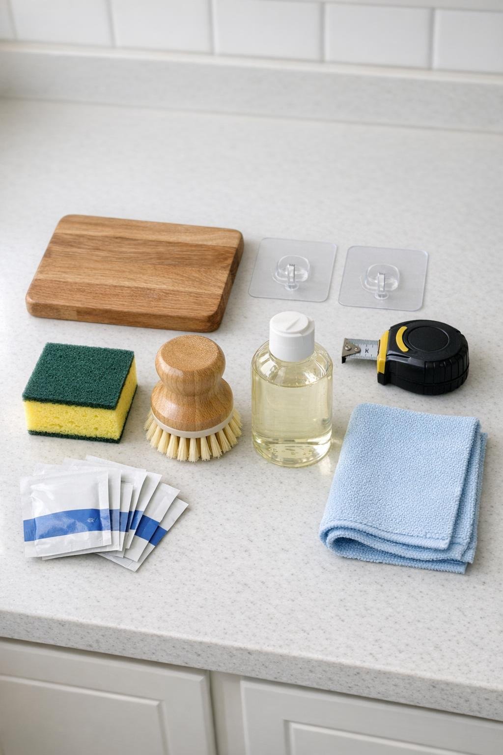 Materials for an over-the-faucet wooden sink caddy laid out together