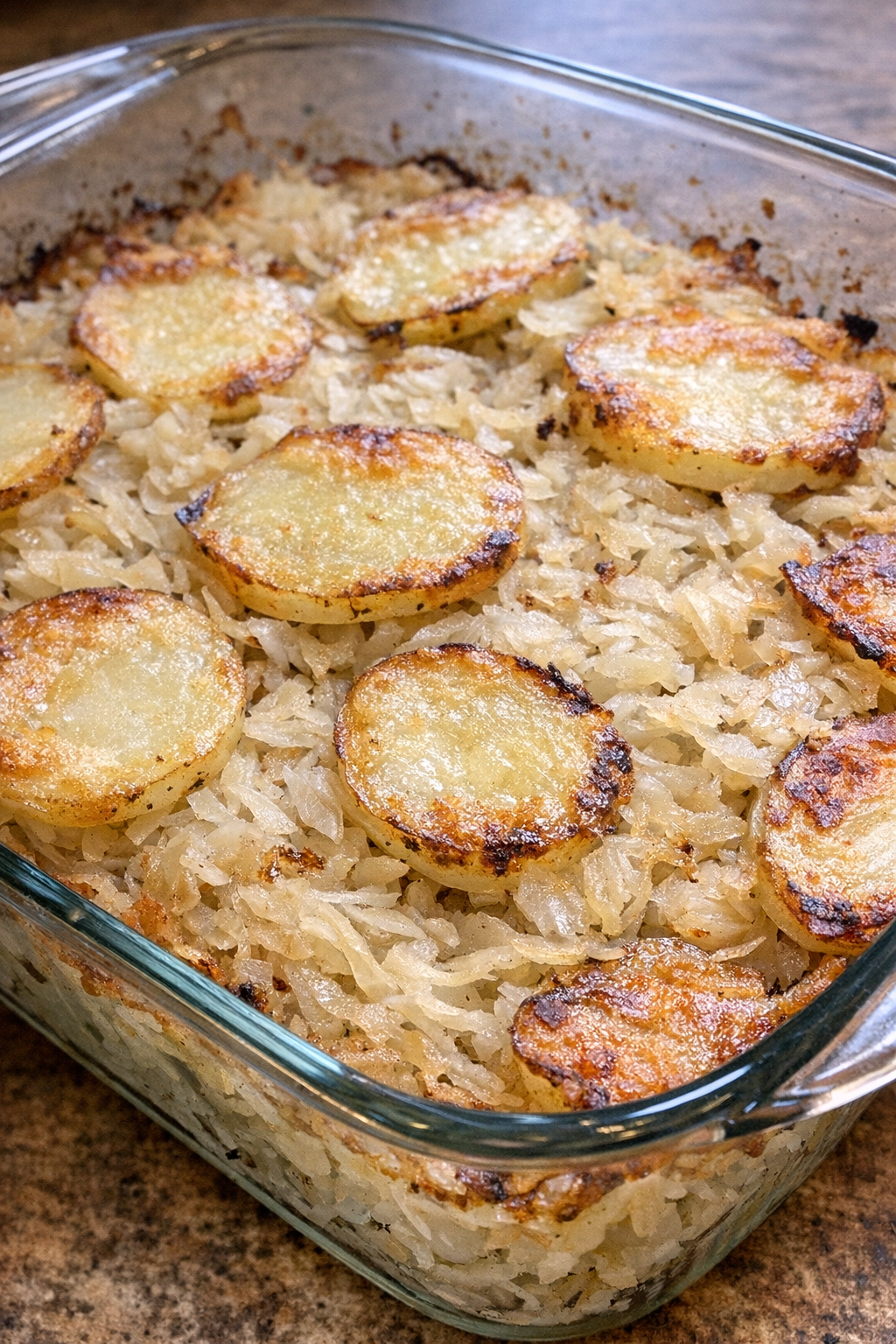 Layered potato and sauerkraut casserole in a glass baking dish