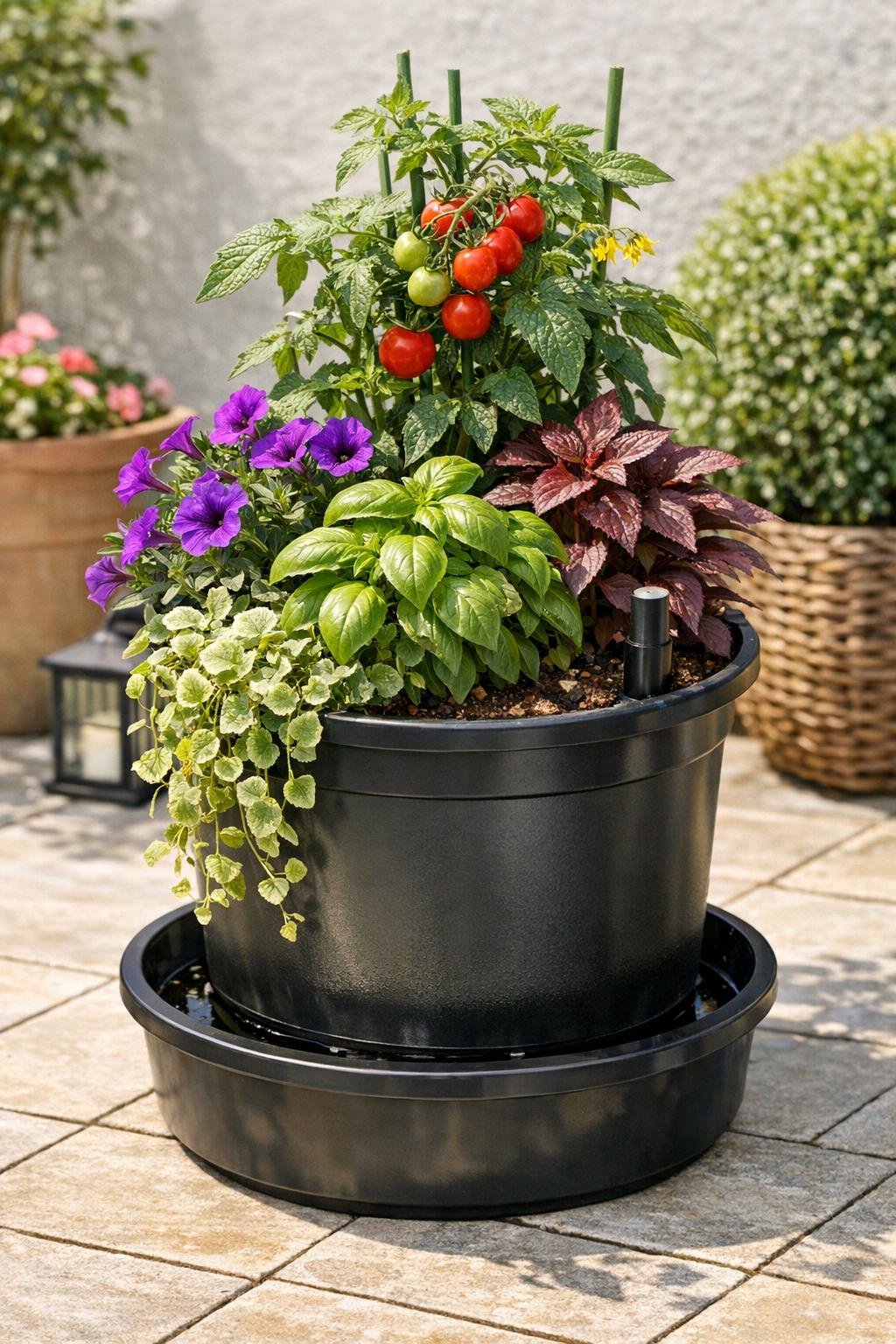 Finished self-wicking container planter made from black nursery pots