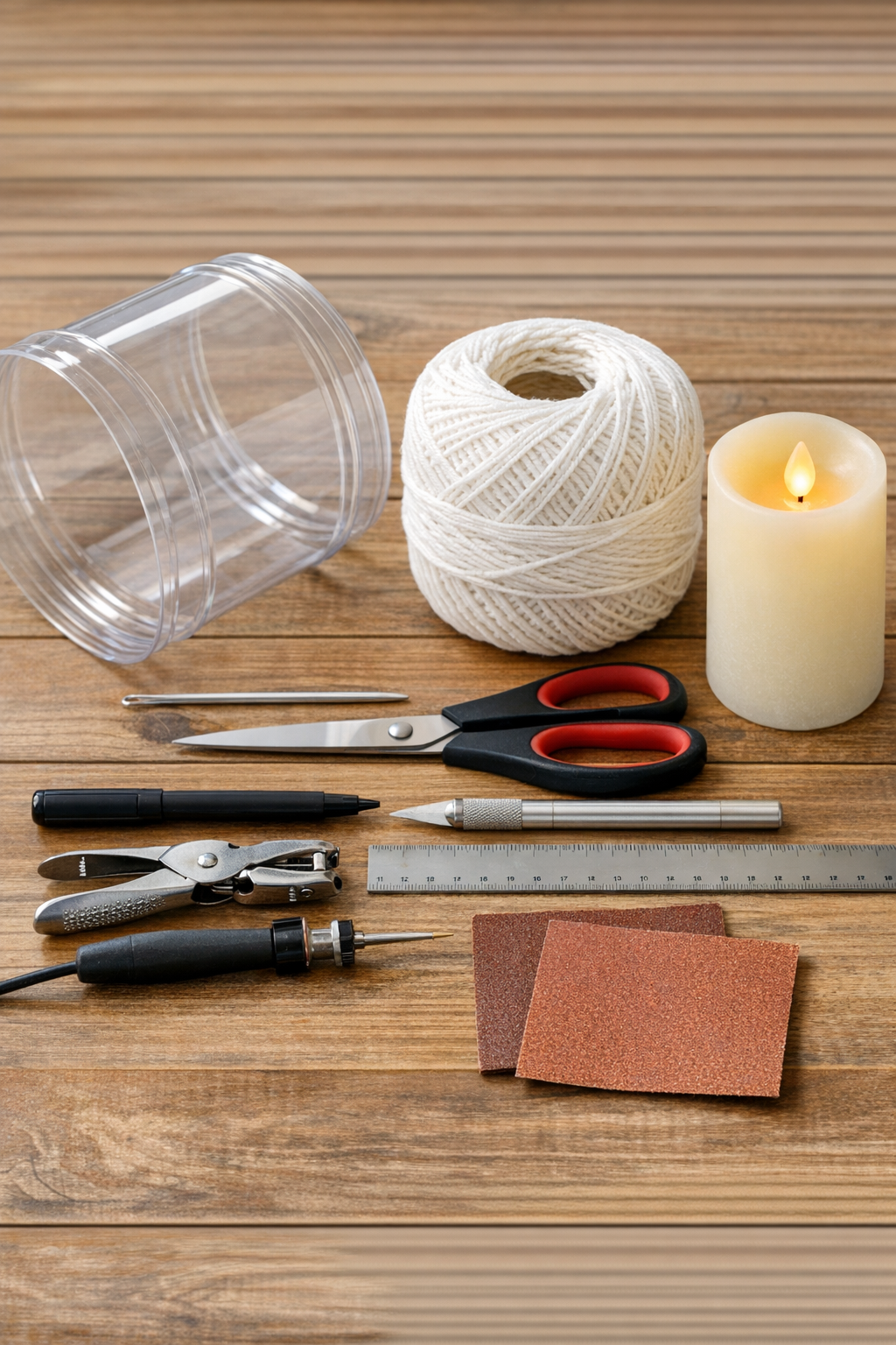 Materials for making a crochet-covered pretzel tub candle hurricane