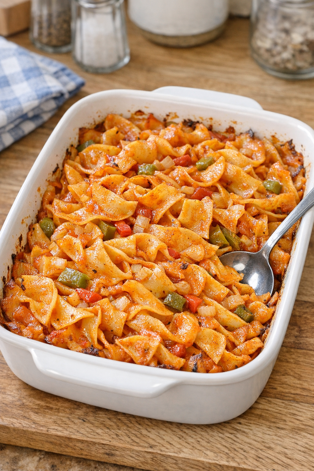 Finished baked Catalina noodles in a casserole dish