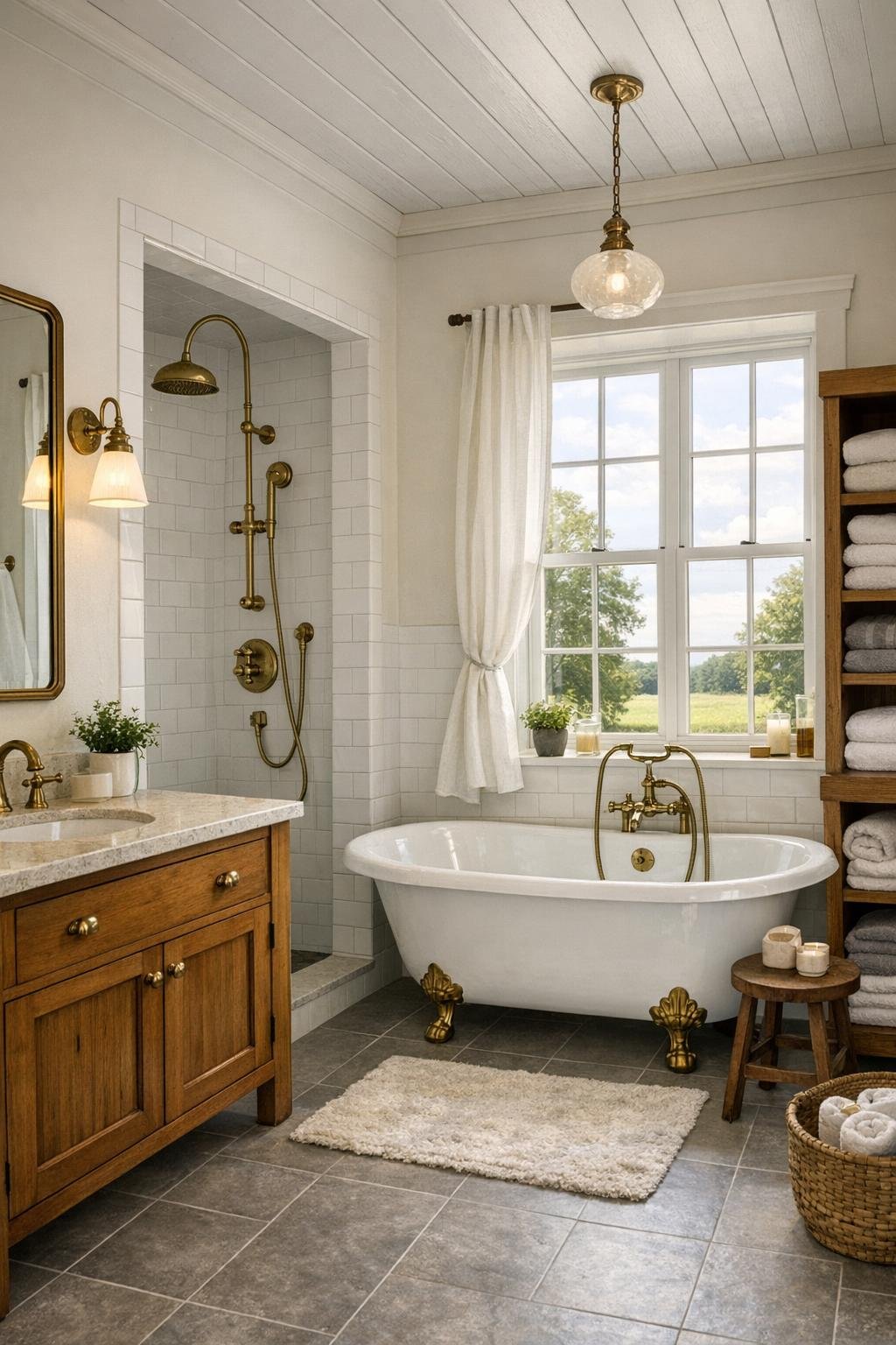 Bright cottage bathroom with a clawfoot tub and warm vintage details