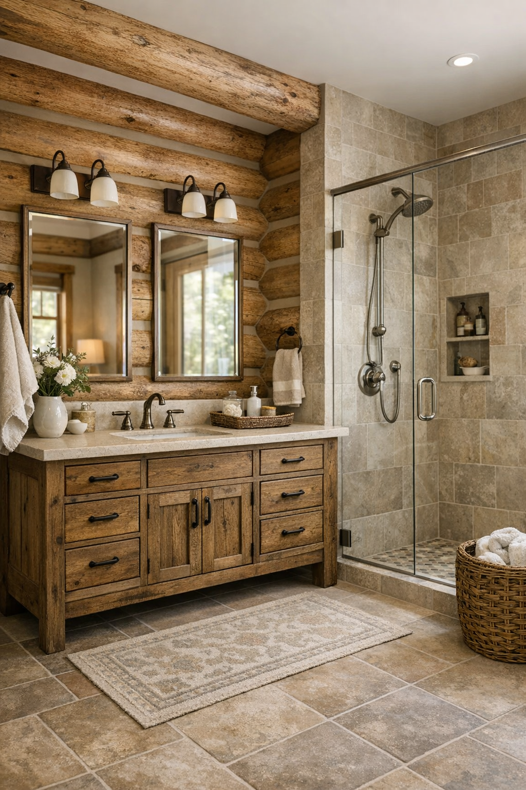 Bathroom with handcrafted wood vanity, stone surfaces, and a warm neutral shower