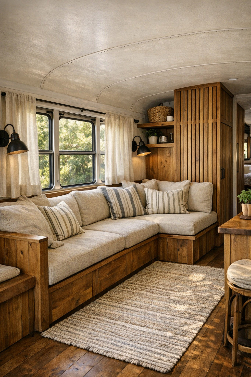 Rustic bus living room with built-in bench seating, warm wood, and linen curtains