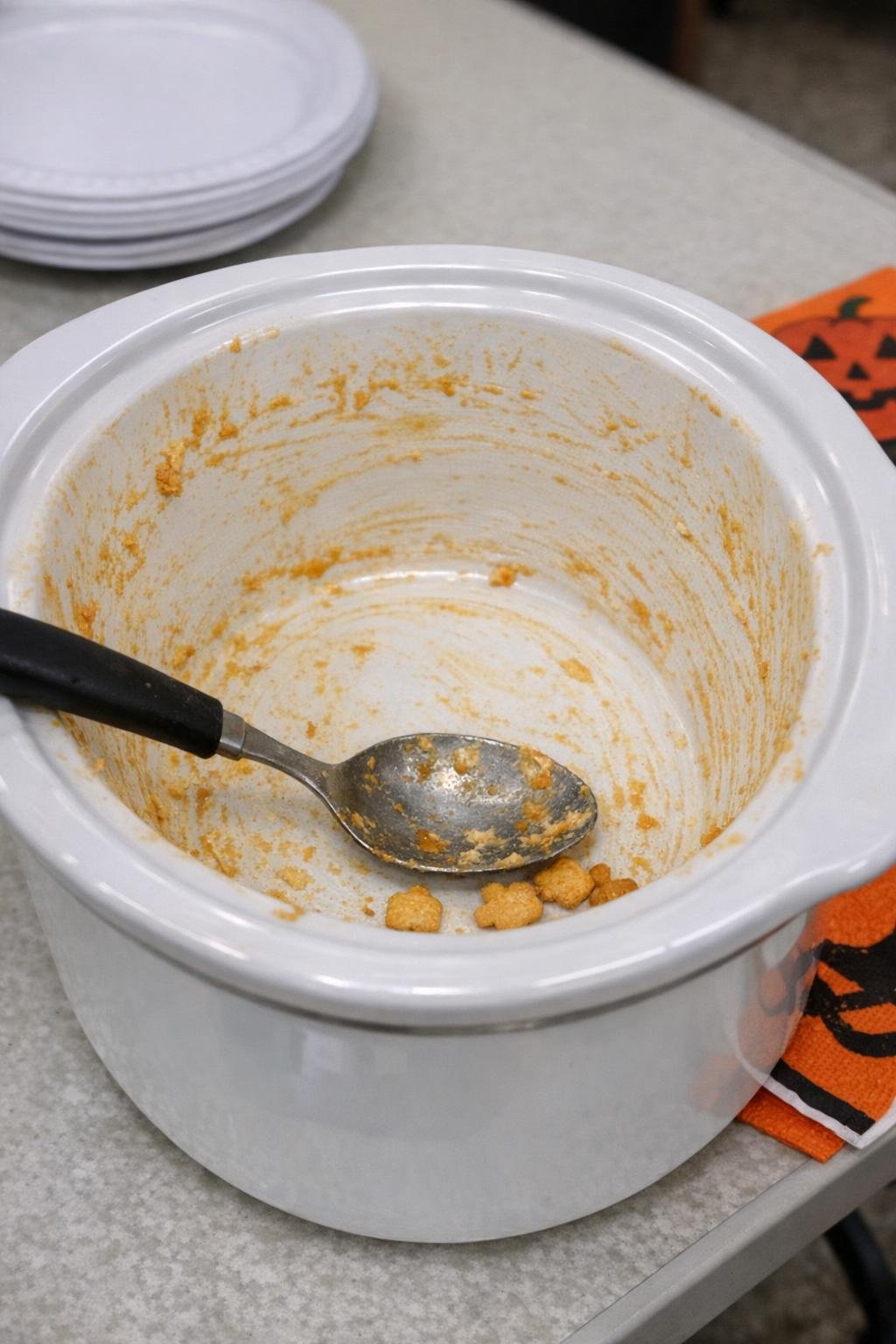 White slow cooker crock scraped nearly clean on a party table